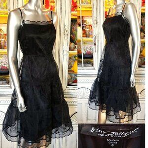 Vintage Betsey Johnson New York Sheer Black Embroidered Tiered Slip Dress 6 S